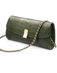 Leather clutch bag, green croc, long chain strap