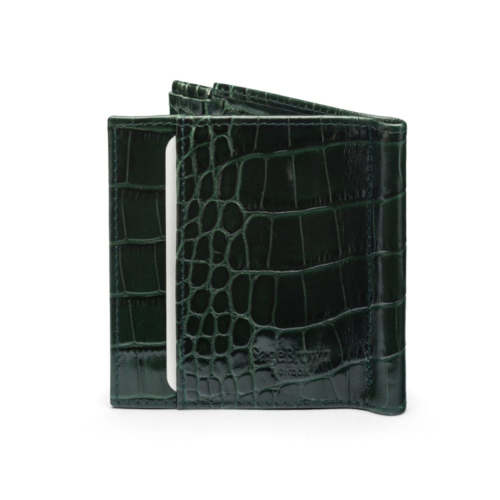 Leather money clip wallet with coin purse, green croc, back
