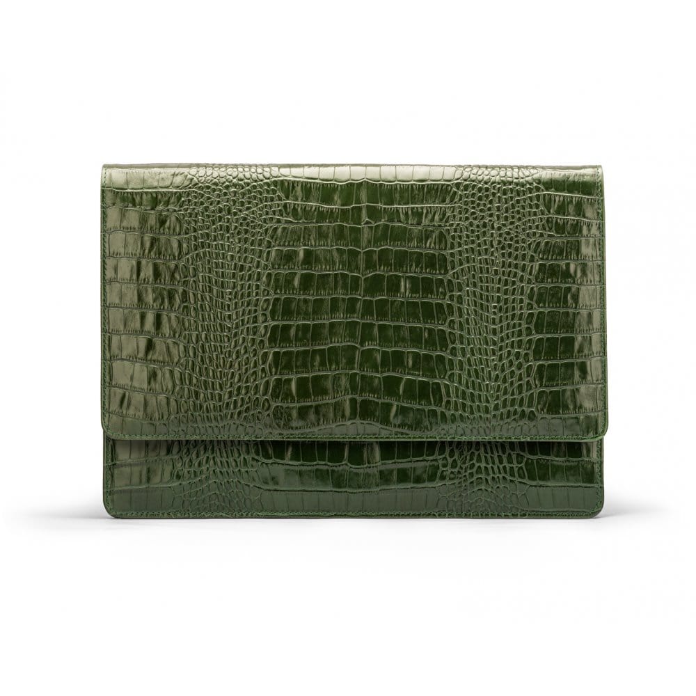Leather portfolio case, green croc, front
