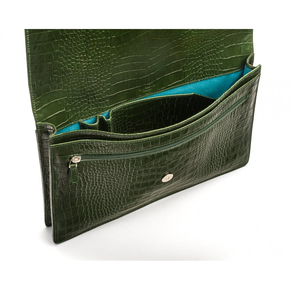 Leather portfolio case, green croc, inside