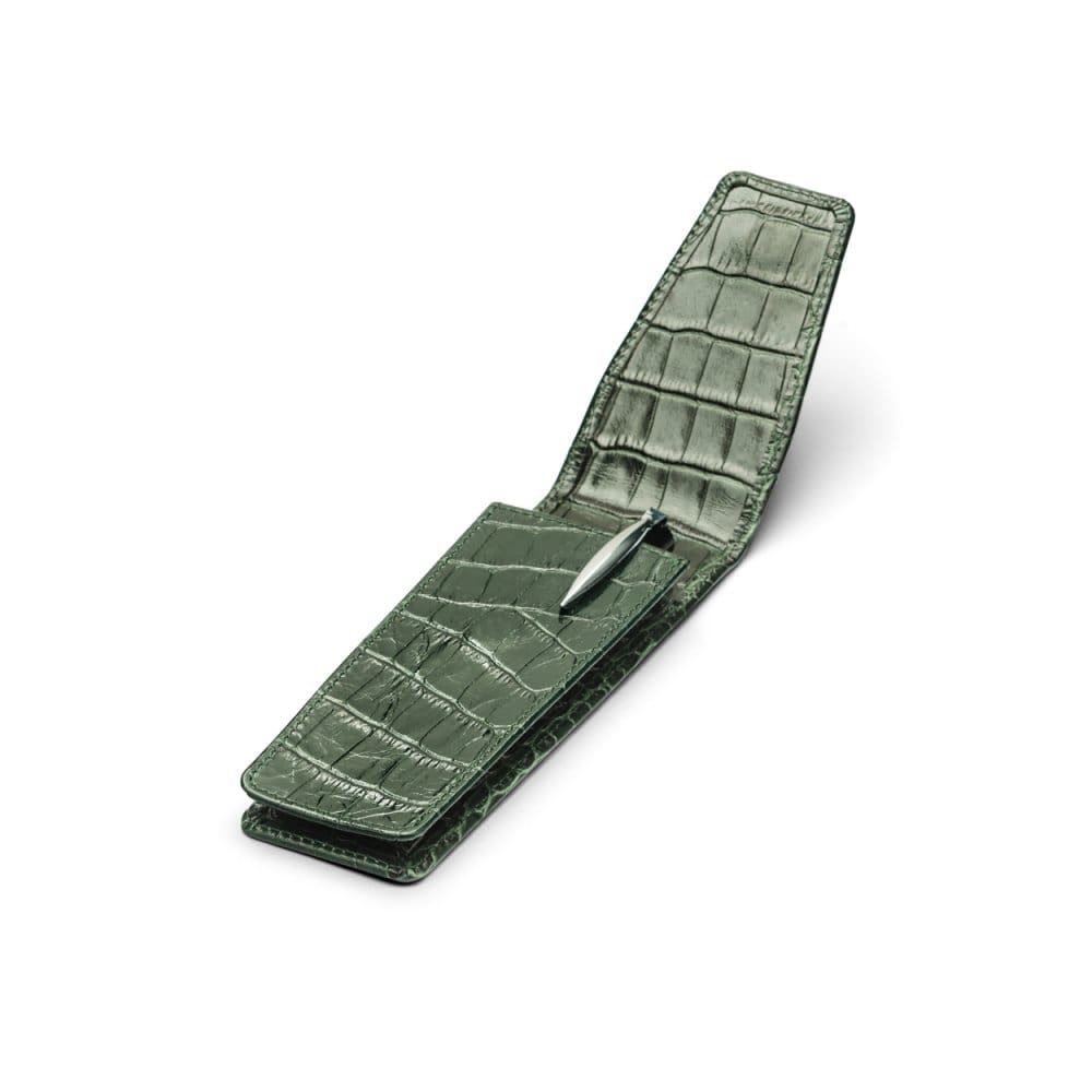 Leather pen case, green croc, open