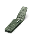 Leather pen case, green croc, open