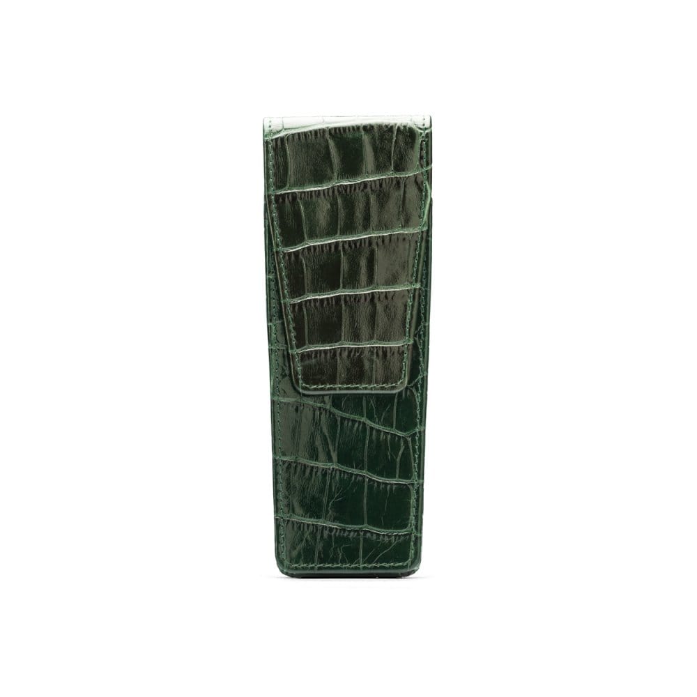 Leather pen case, green croc, front