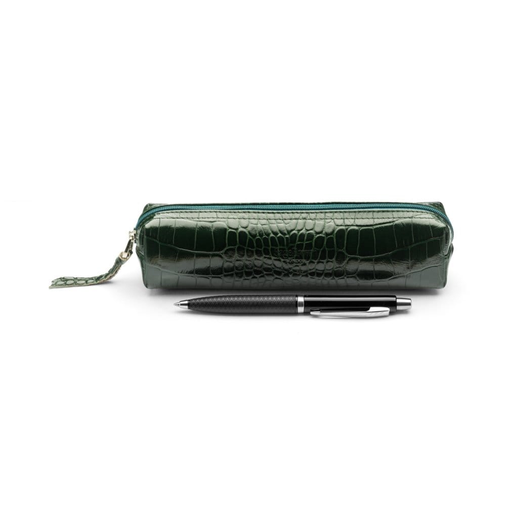 Leather pencil case, green croc, front