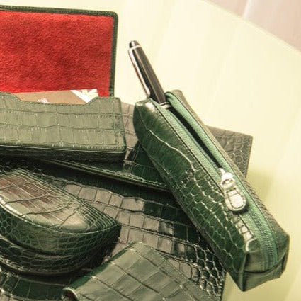 Leather pencil case, green croc, lifestyle