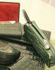 Leather pencil case, green croc, lifestyle