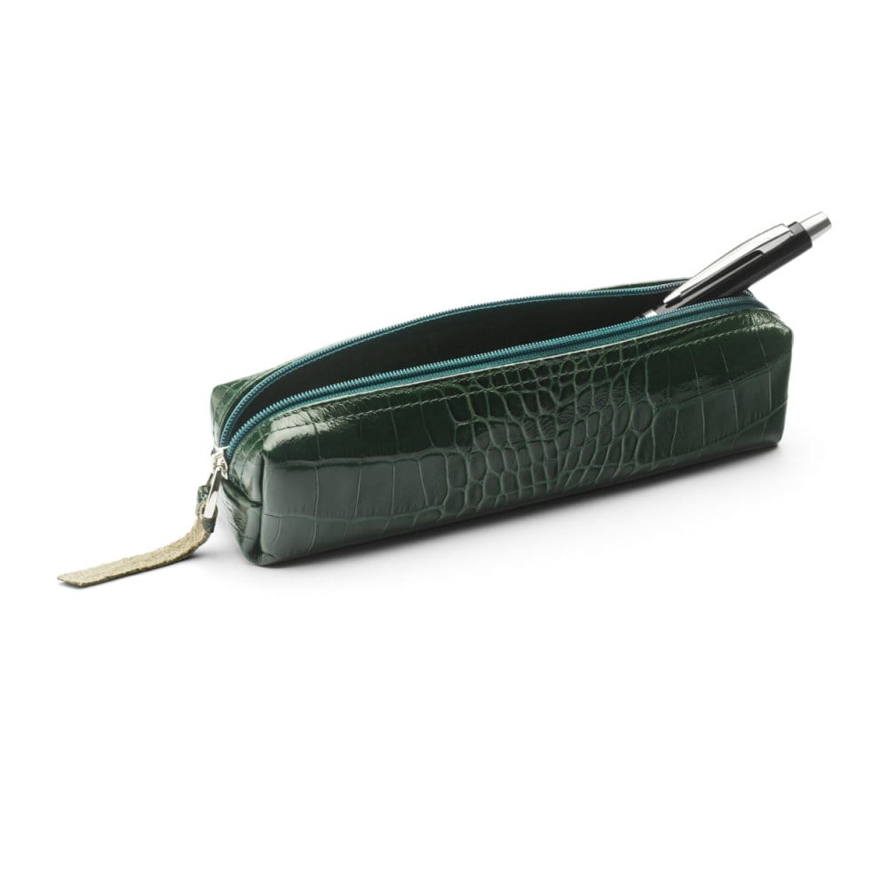Leather pencil case, green croc, open