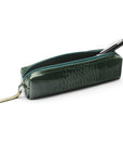 Leather pencil case, green croc, open