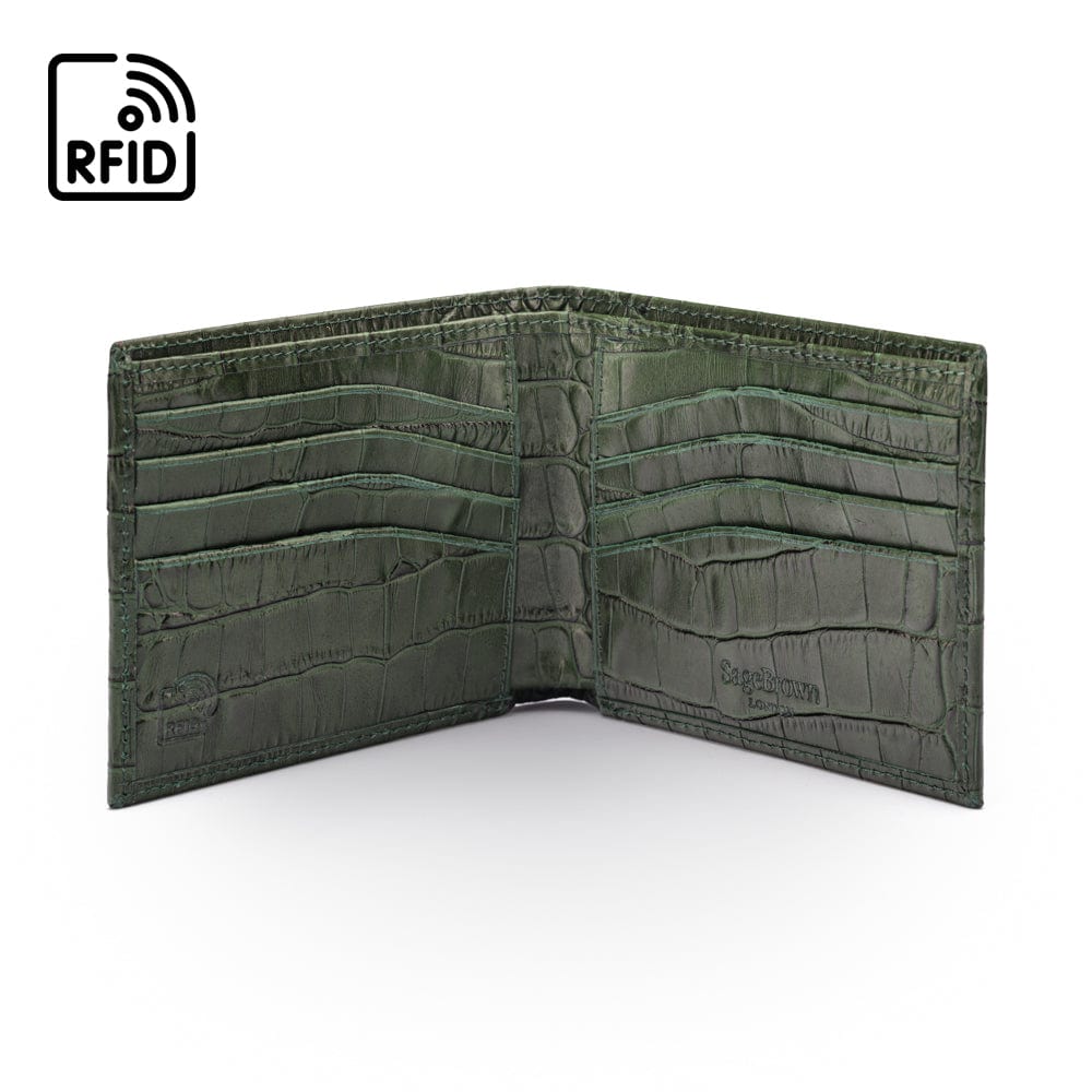 RFID leather wallet for men, green croc, open view