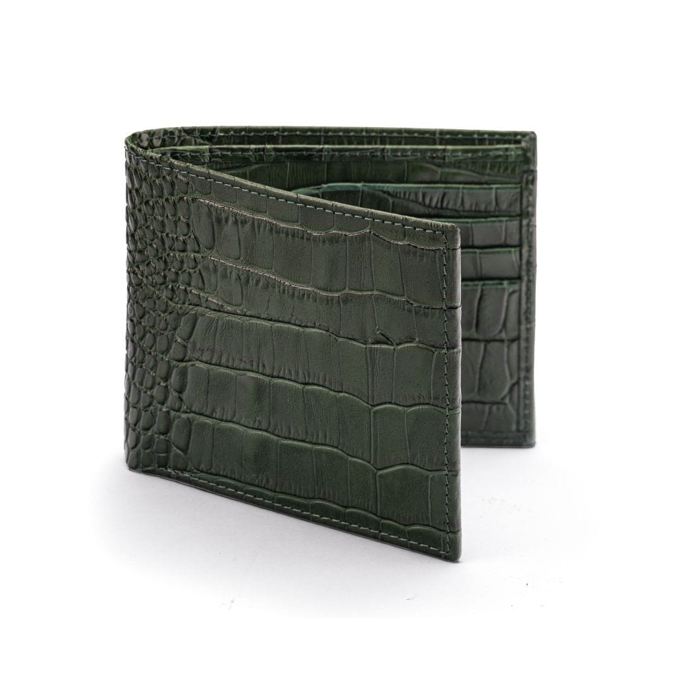 RFID leather wallet for men, green croc, front view