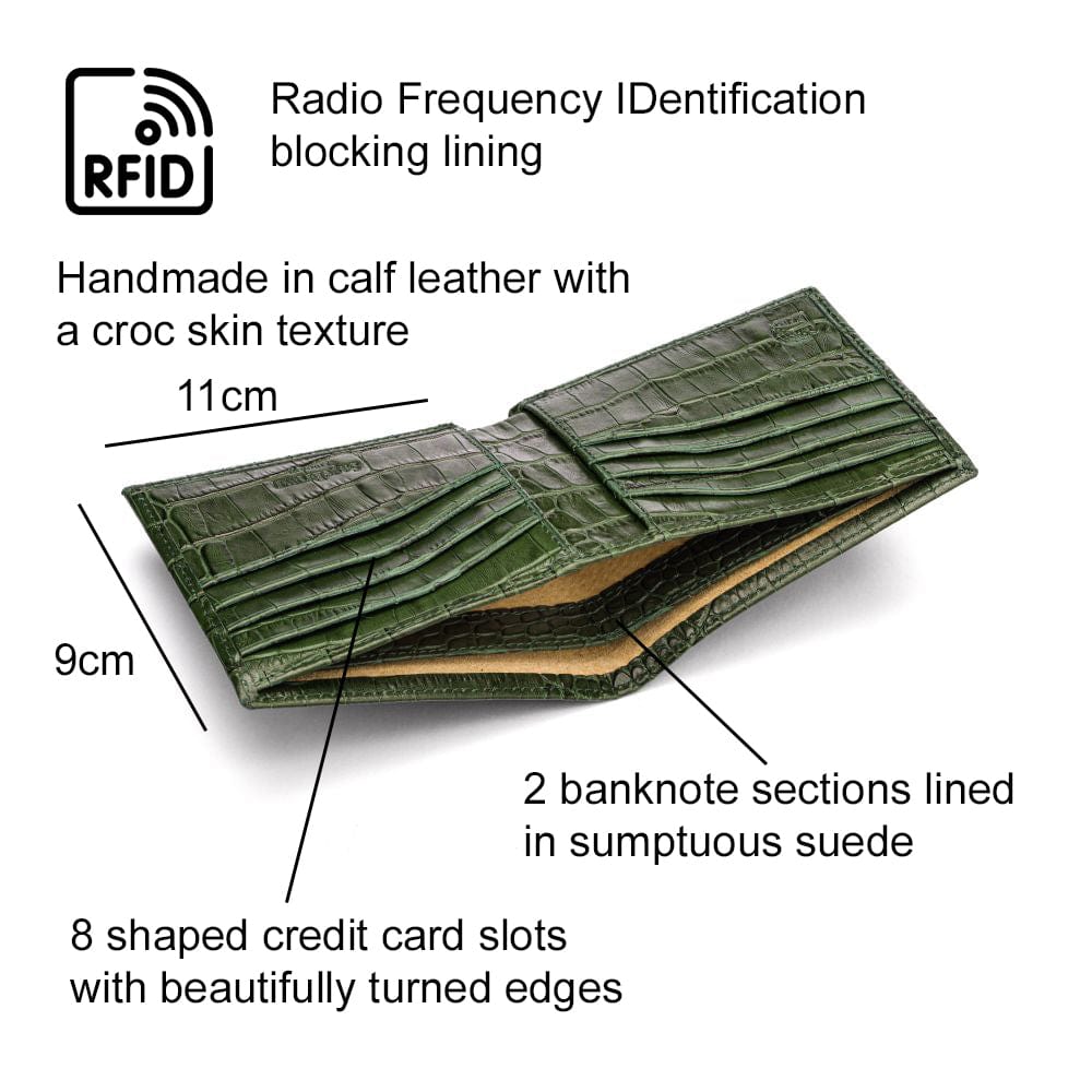 RFID leather wallet for men, green croc, features
