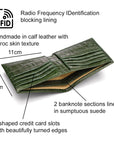 RFID leather wallet for men, green croc, features