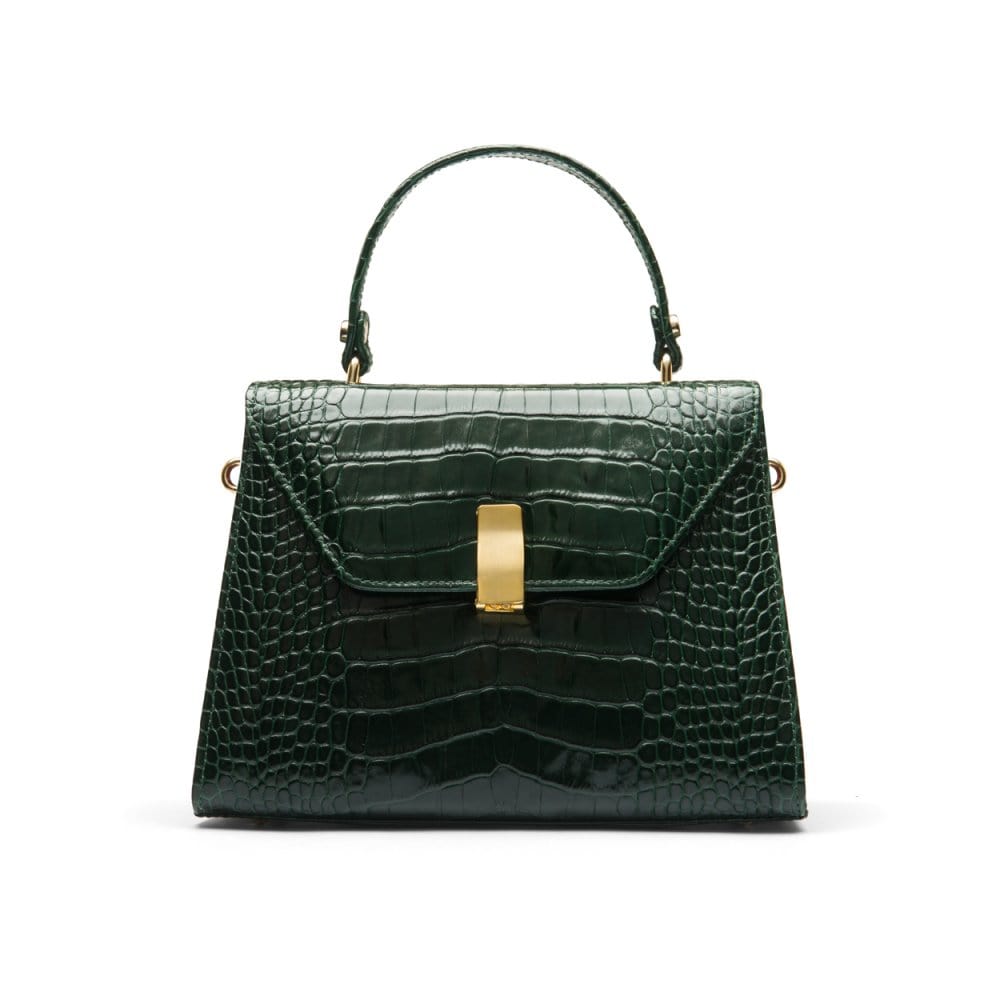 Leather top handle bag, green croc, front