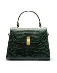 Leather top handle bag, green croc, front