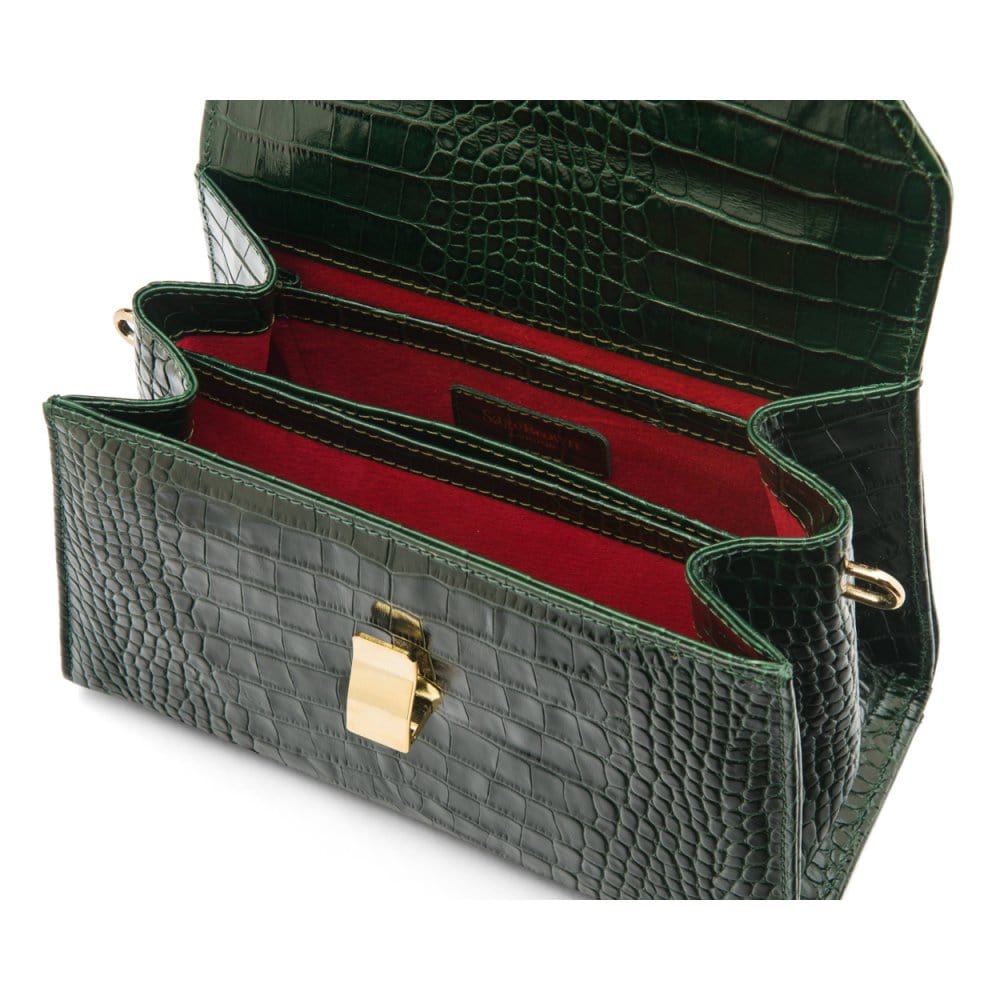 Leather top handle bag, green croc, inside