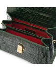 Leather top handle bag, green croc, inside