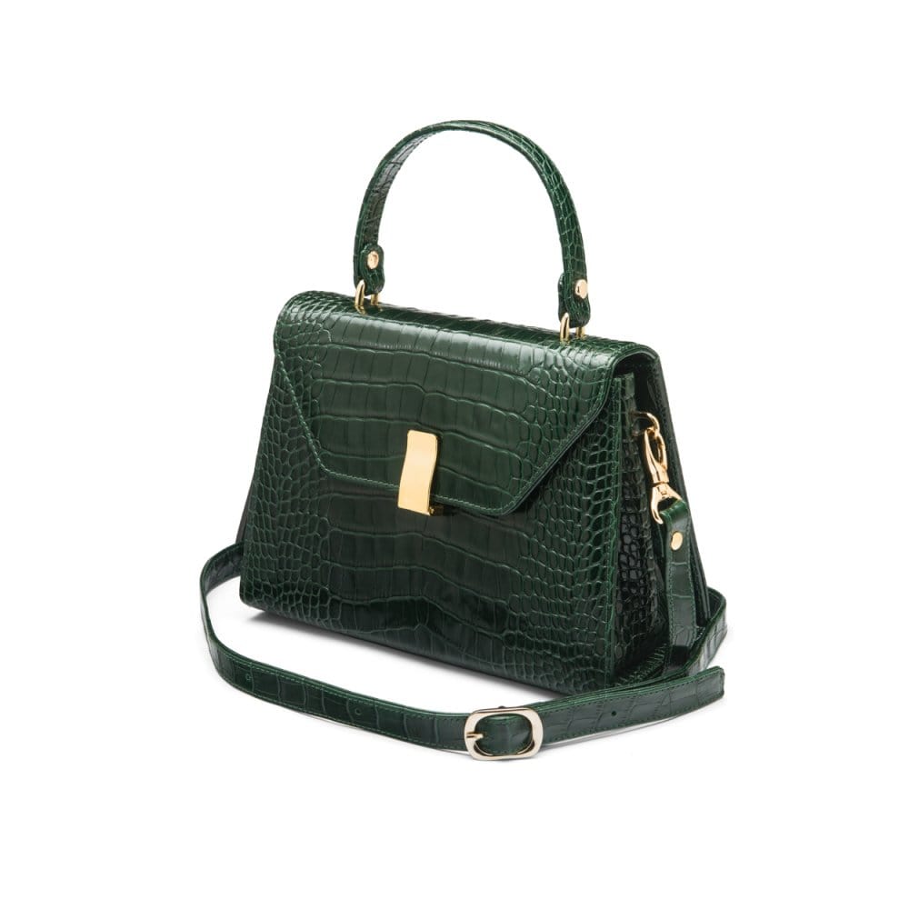 Leather top handle bag, green croc, side