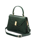 Leather top handle bag, green croc, side