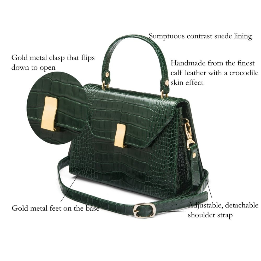 Leather top handle bag, green croc, features