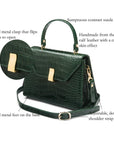 Leather top handle bag, green croc, features