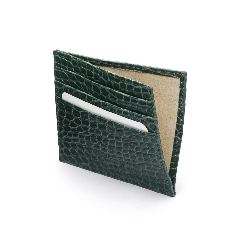 Leather side opening flat card holder, green croc, inside