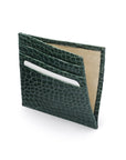 Leather side opening flat card holder, green croc, inside