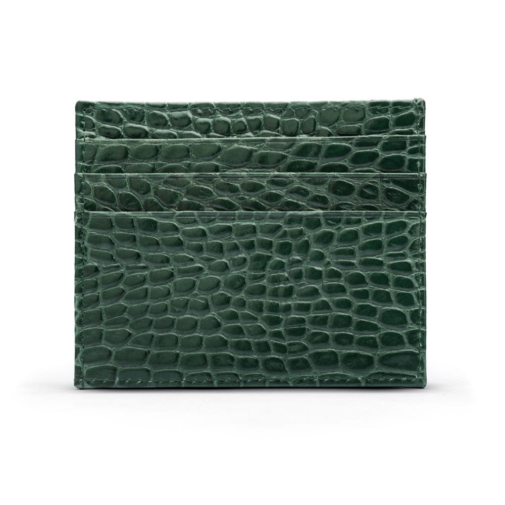 Leather side opening flat card holder, green croc, front