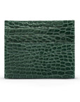 Leather side opening flat card holder, green croc, front