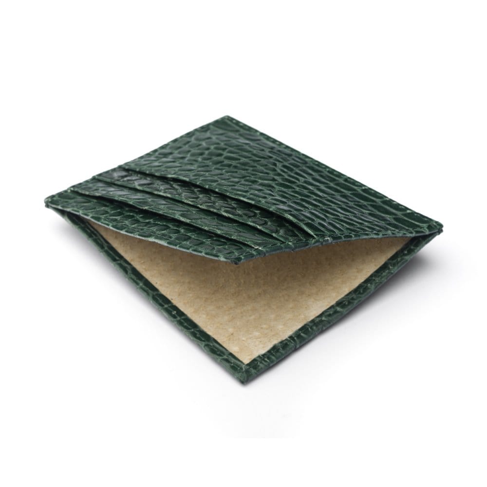 Leather side opening flat card holder, green croc, open