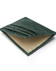 Leather side opening flat card holder, green croc, open