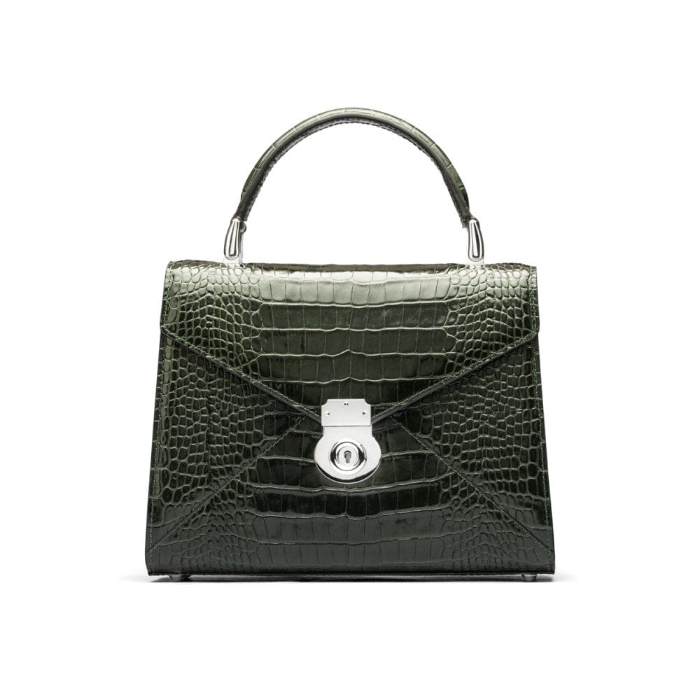 Leather top handle bag, Burnett bag, green croc, front view