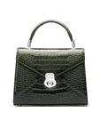 Leather top handle bag, Burnett bag, green croc, front view