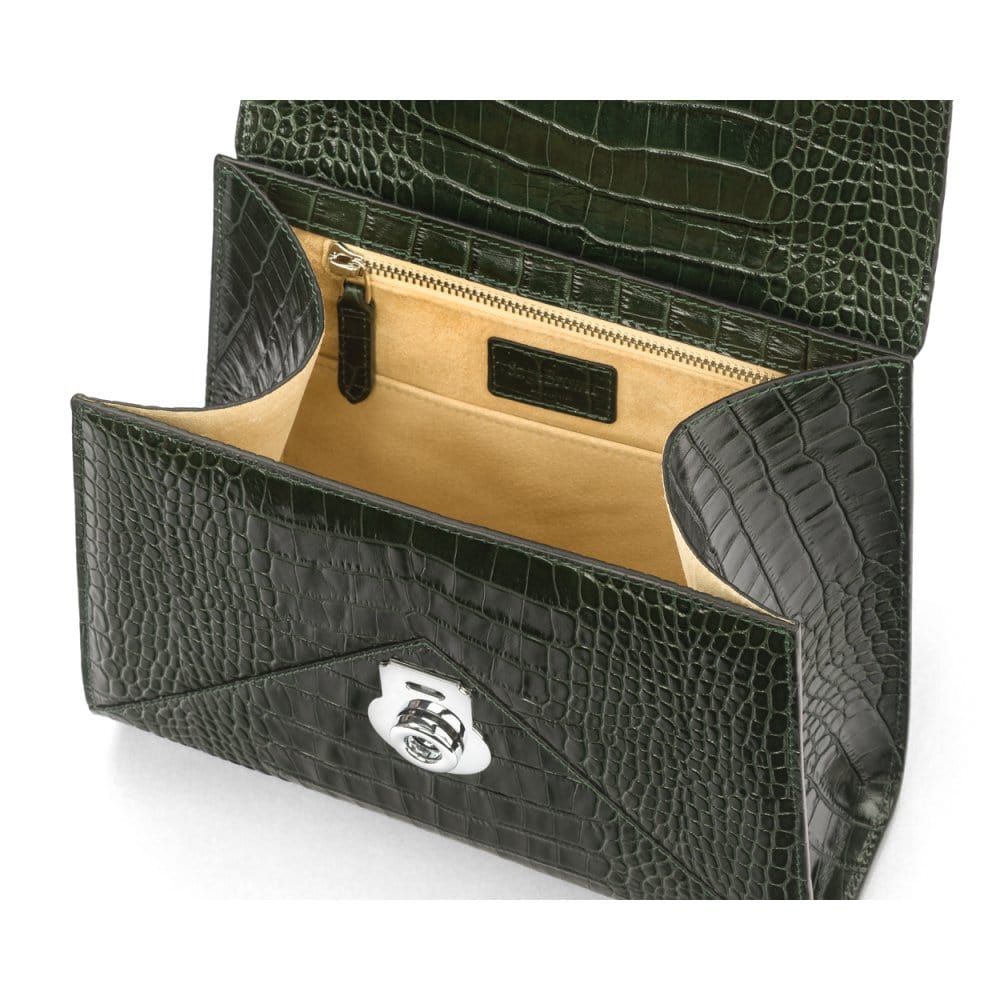 Leather top handle bag, Burnett bag, green croc, inside view