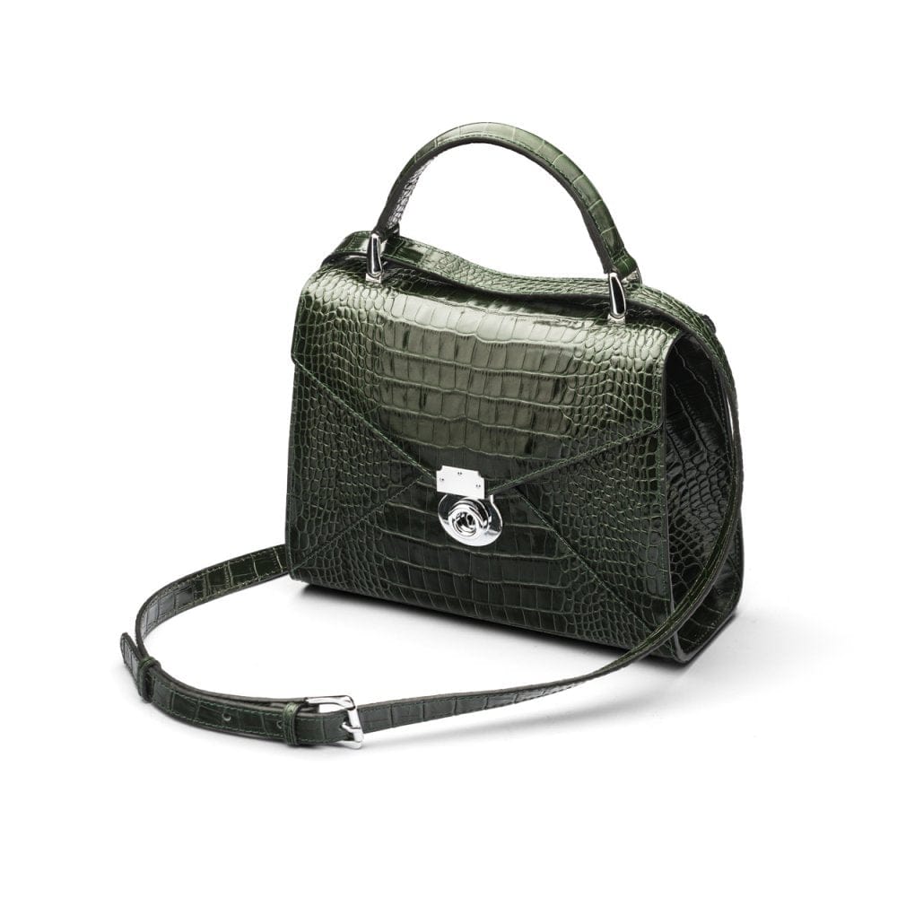 Leather top handle bag, Burnett bag, green croc, with shoulder strap