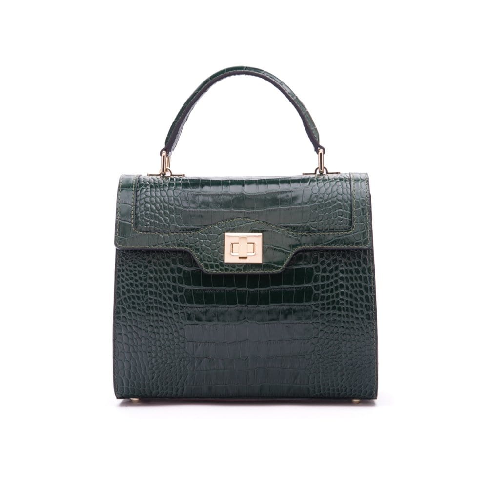 Leather signature Morgan bag, green croc, front view