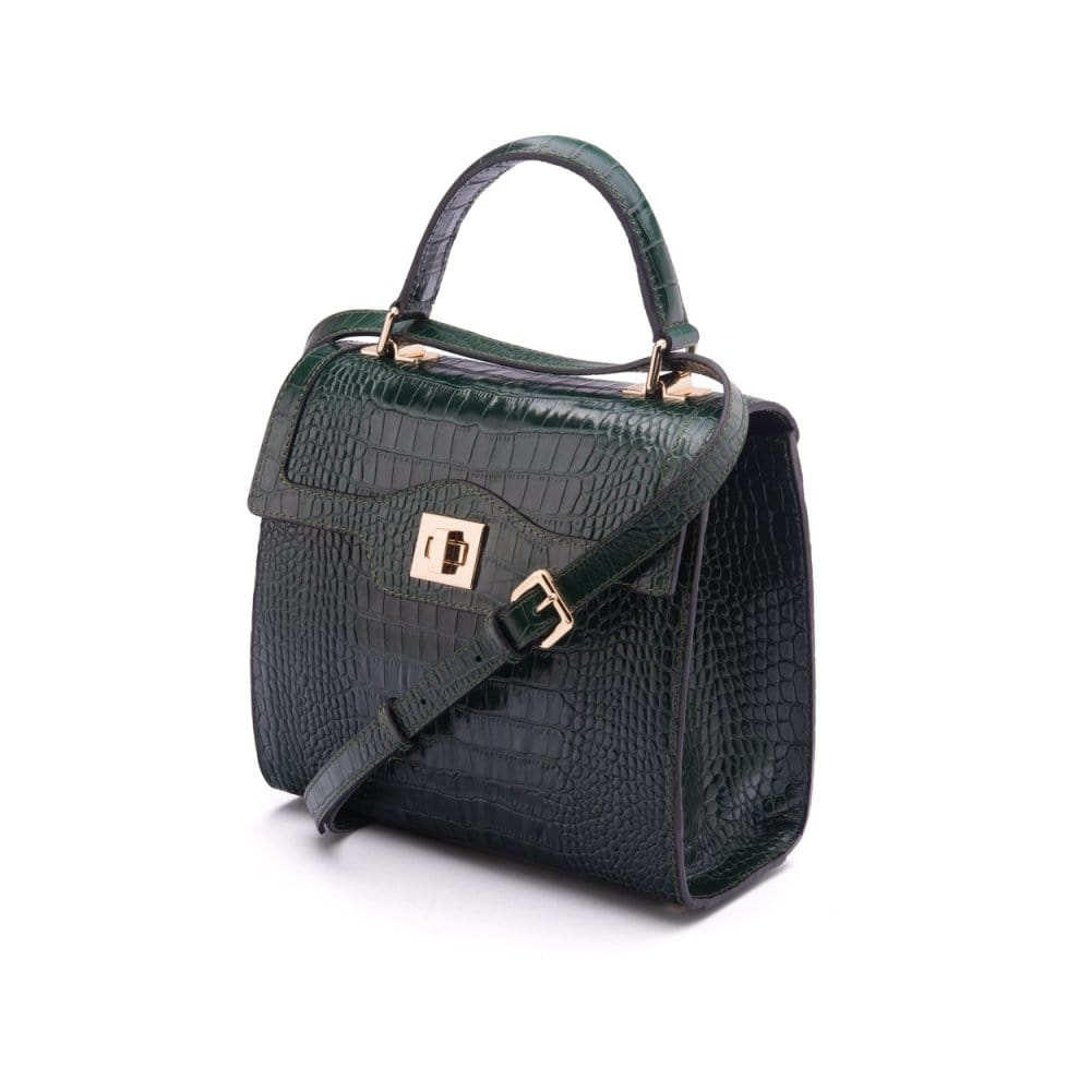 Leather signature Morgan bag, green croc, side view