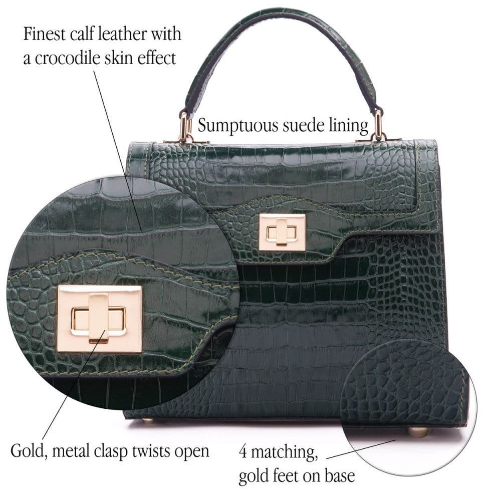 Leather signature Morgan bag, green croc, features