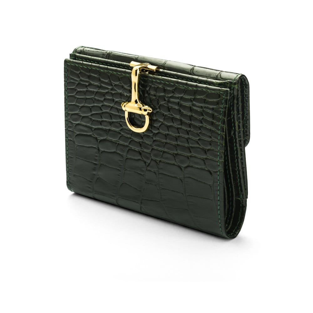 Leather purse with brass clasp, green croc, front view