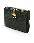 Leather purse with brass clasp, green croc, front view