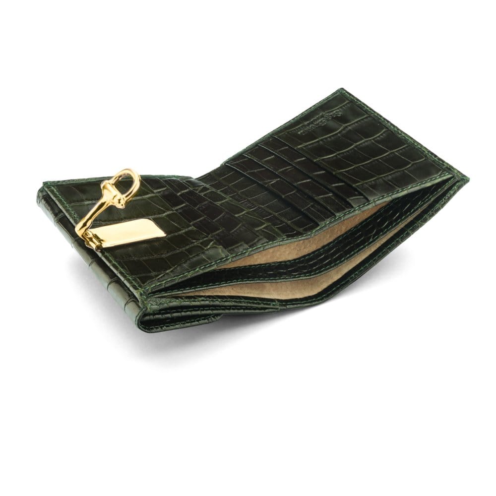 Leather purse with brass clasp, green croc, inside