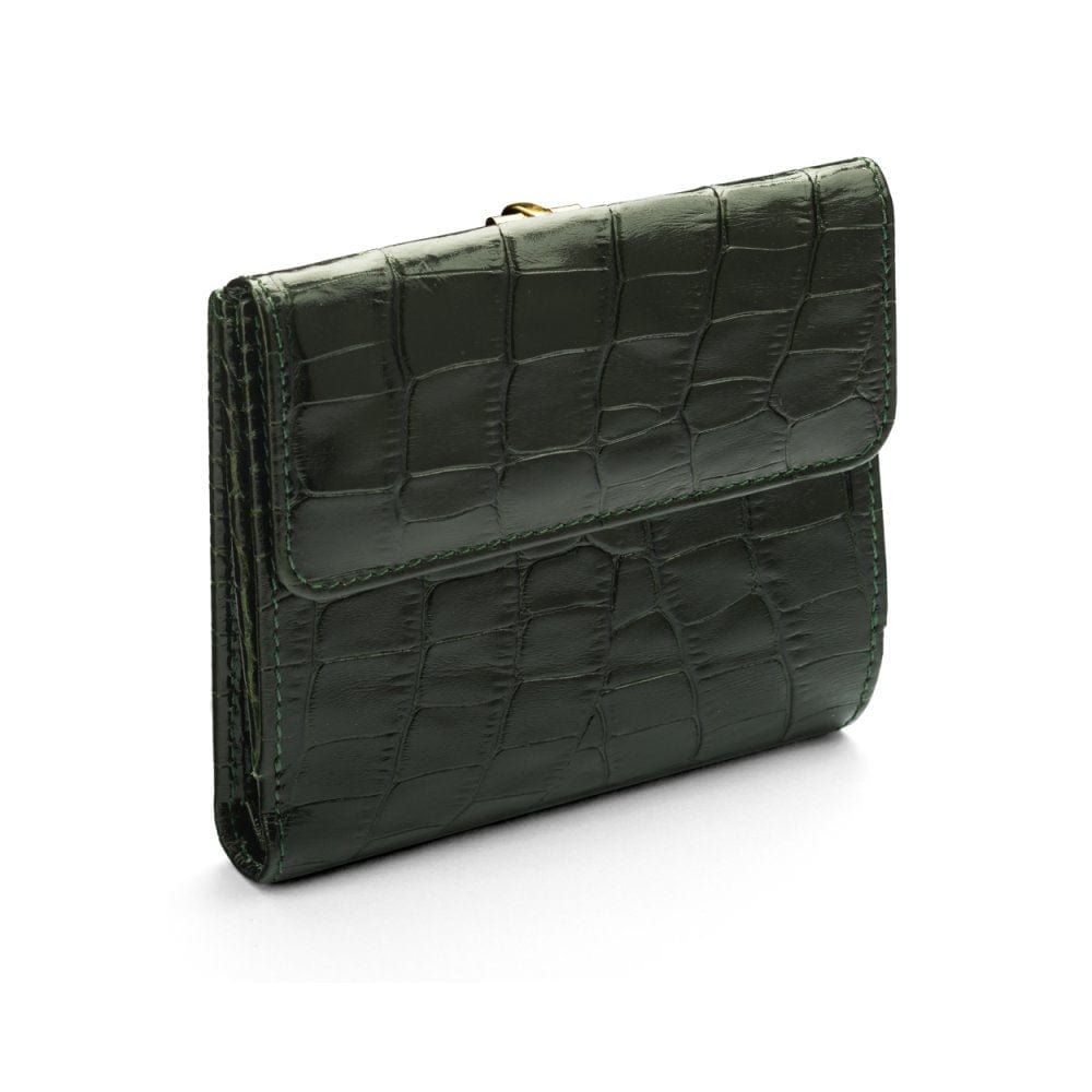 Leather purse with brass clasp, green croc, back