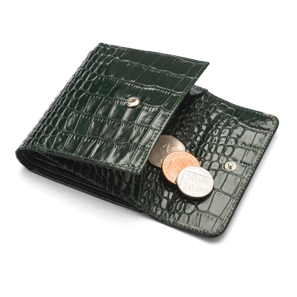 Leather purse with brass clasp, green croc, open