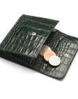 Leather purse with brass clasp, green croc, open