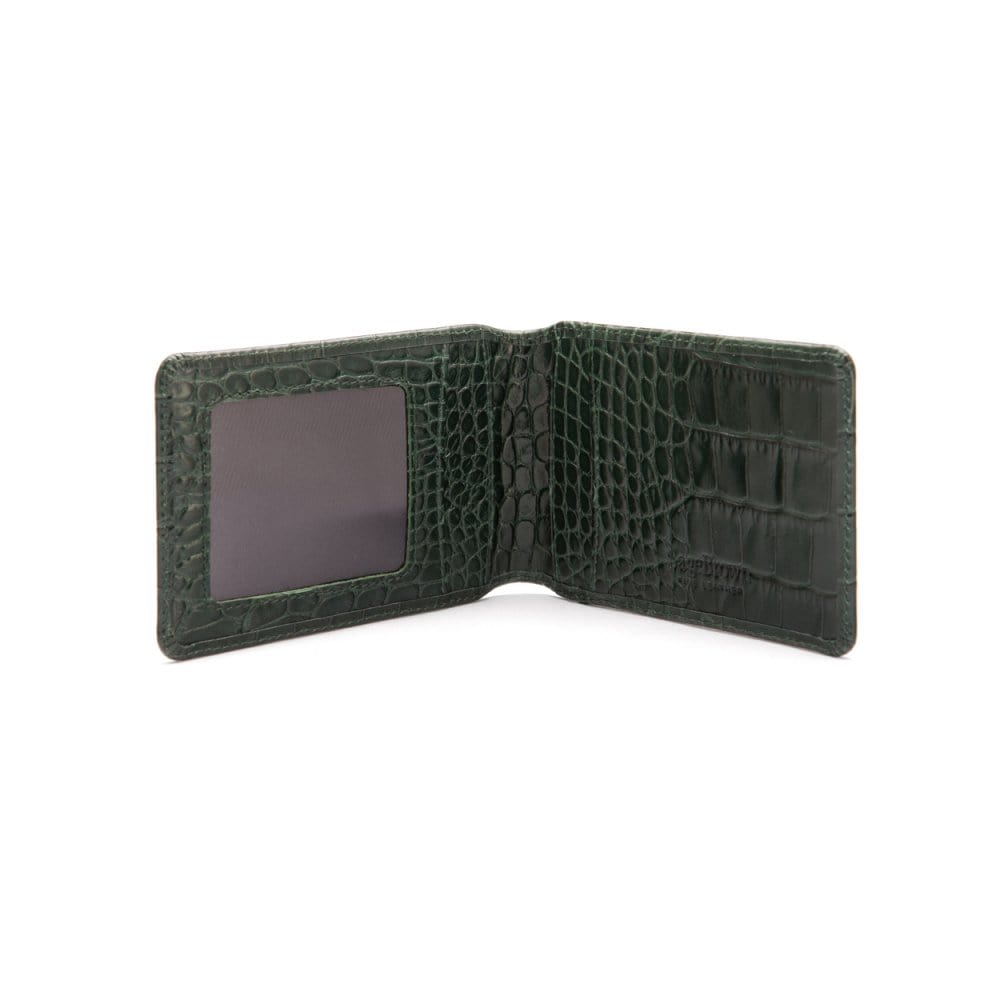 Leather travel card wallet, green croc, open