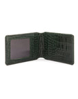 Leather travel card wallet, green croc, open