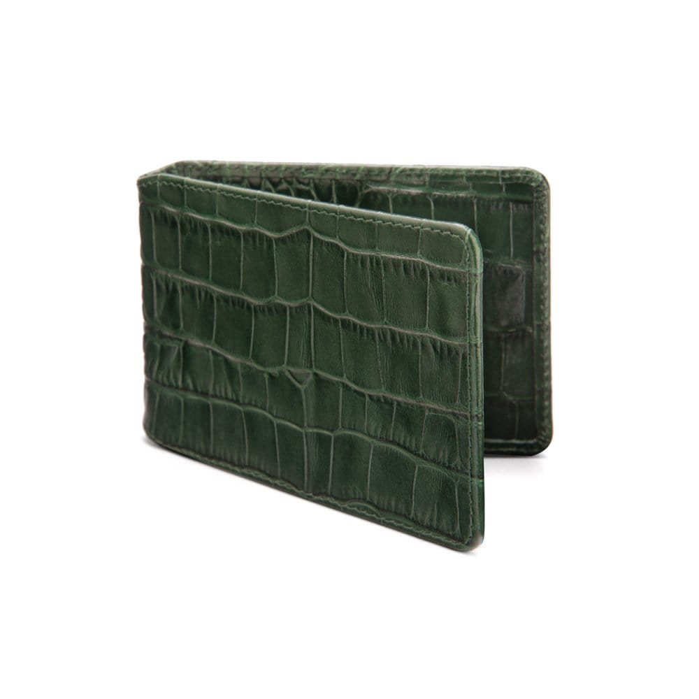 Leather travel card wallet, green croc, front