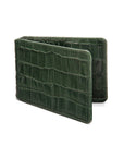 Leather travel card wallet, green croc, front