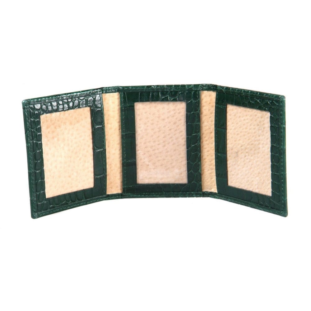 Mini leather trifold photo frame, green croc, 60 x 40mm, inside