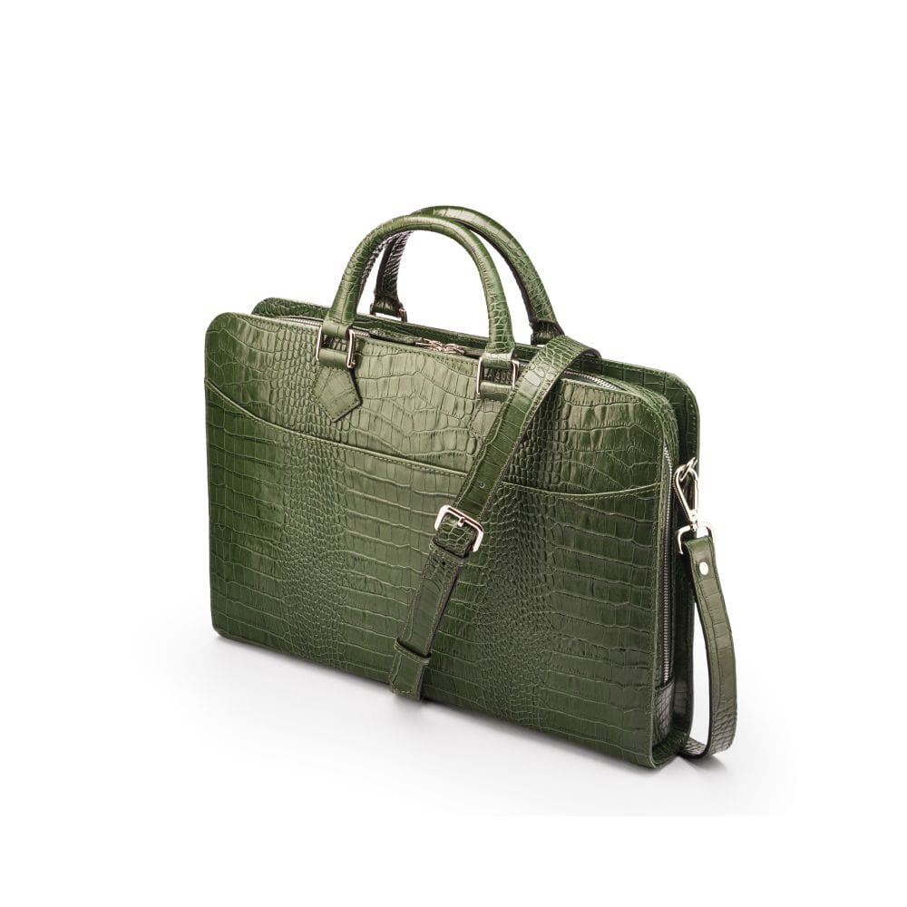 Leather 13" laptop bag, green croc, side