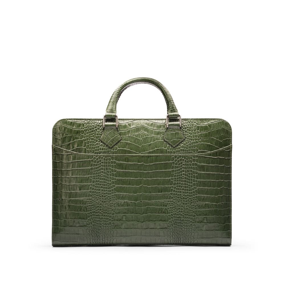 Leather Trinity 13" laptop briefcase, green croc, front view